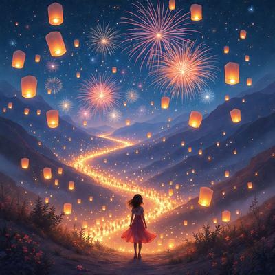 The primary subject of the image is a woman standing on a hill, surrounded by a beautiful landscape. The setting includes a mountain range and a sky filled with fireworks, creating a festive atmosphere. The visual style of the image is a digital art or illustration, with the woman being the focal point. The colors and mood of the image are vibrant and joyful, with the fireworks adding a sense of celebration to the scene.